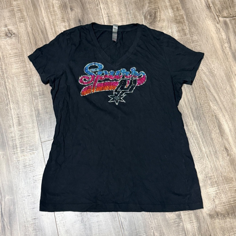 District Made San Antonio Spurs Rhinestone V-Neck T-Shirt Black Womens Large L